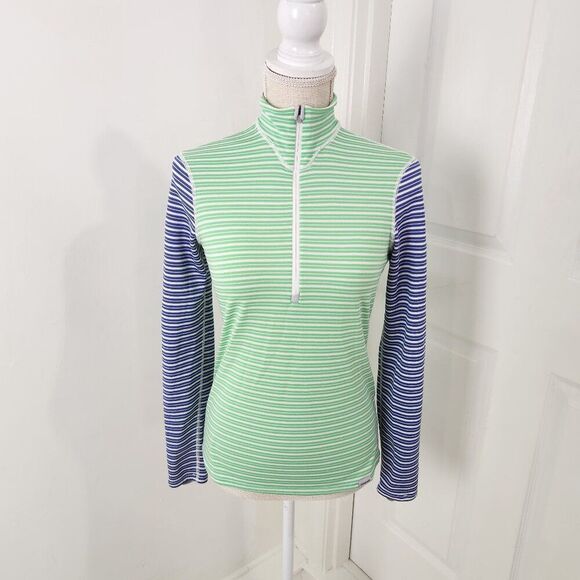 Patagonia Top Womens XS Green Striped Capilene 3 Midweight 1/4 Zip Baselayer - Picture 1 of 15
